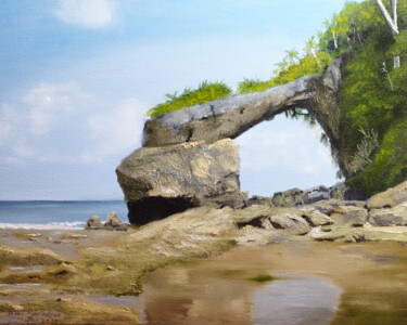 Painting titled "Island Rock Landsca…" by Ajay Ravindran, Original Artwork, Oil Mounted on Wood Stretcher frame