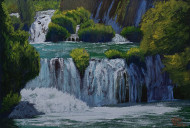 Malerei mit dem Titel "Cascading Waterfall" von Ajay Ravindran, Original-Kunstwerk, Gouache
