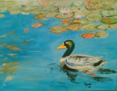 Painting titled "Pato em lago com ne…" by Ajorge, Original Artwork