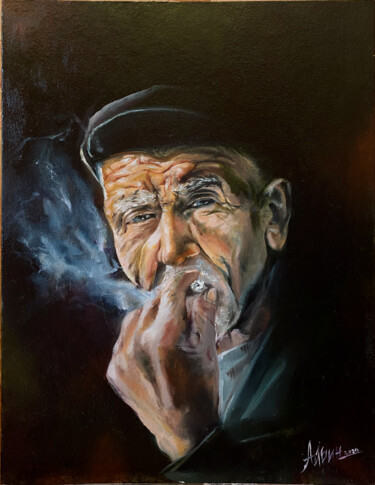 Painting titled "smoking old man" by Airin, Original Artwork, Oil Mounted on Cardboard