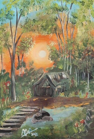 Peinture intitulée "a hut in the forest" par Ajw, Œuvre d'art originale, Acrylique