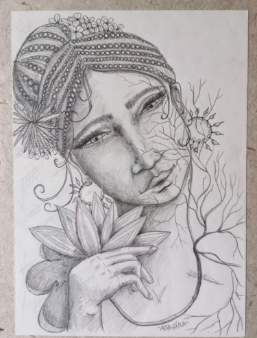 Dessin intitulée "Femme lotus" par Akara Péala, Œuvre d'art originale, Conté Monté sur Verre