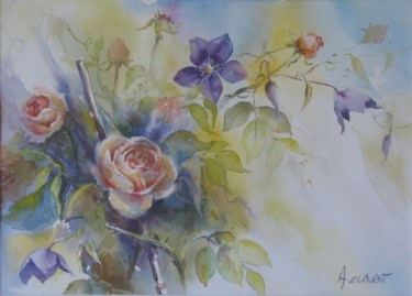 Peinture intitulée "Rose et clématite" par Annick Claude, Œuvre d'art originale