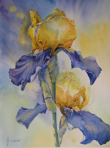 Peinture intitulée "Iris en jaune et bl…" par Annick Claude, Œuvre d'art originale