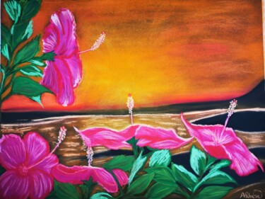 Peinture intitulée "Hibiscus au coucher…" par Akhesa, Œuvre d'art originale, Pastel