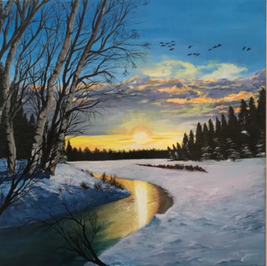 Painting titled "Winter sunset" by Akhil Kv, Original Artwork, Acrylic