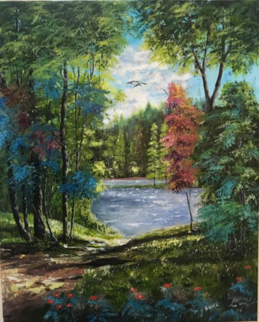 Painting titled "Way to River" by Akhil Kv, Original Artwork, Acrylic