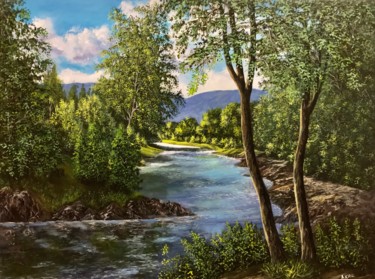 Painting titled "Peaceful lake" by Akhil Kv, Original Artwork, Acrylic