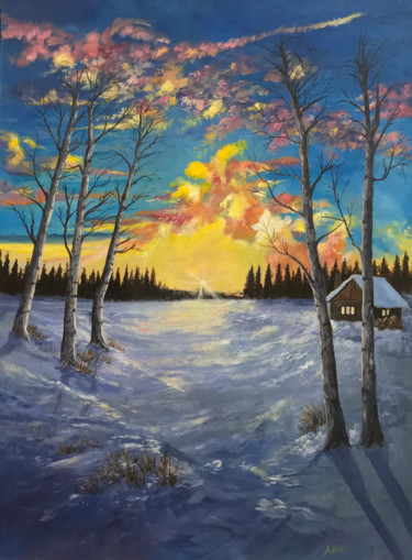 Painting titled "Winter Sunset Refle…" by Akhil Kv, Original Artwork, Acrylic