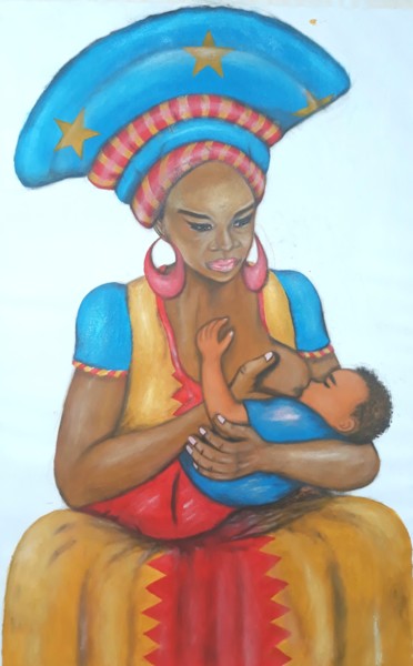 Painting titled "Allaiter à la congo…" by Akida Amos (AKAM), Original Artwork, Oil