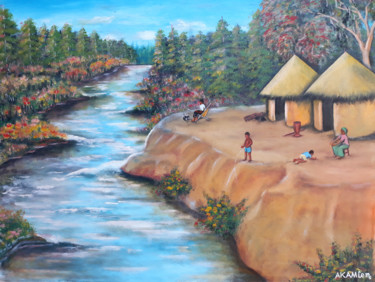 Pintura intitulada "Au village" por Akida Amos (AKAM), Obras de arte originais, Óleo