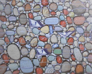Painting titled "pebbles on the beach" by Akis Topalis, Original Artwork, Oil