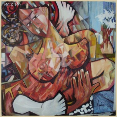 Painting titled "Mulher e a vila" by Akosta, Original Artwork, Oil