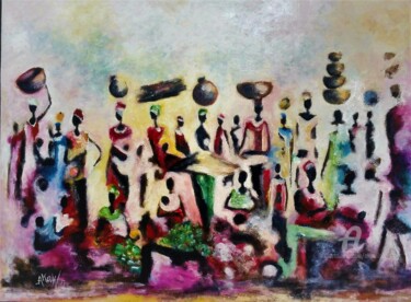 Malerei mit dem Titel "Marche au village" von Ako Wilson, Original-Kunstwerk, Acryl