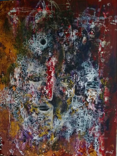 Peinture intitulée "Double visages" par Ako Wilson, Œuvre d'art originale, Huile Monté sur Châssis en bois