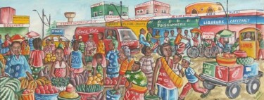 Peinture intitulée "le marché de koudou…" par Ako Wilson, Œuvre d'art originale