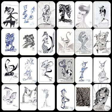 Zeichnungen mit dem Titel "Collage Dessins 02" von Akram Romdhani, Original-Kunstwerk, Bleistift Auf Holzplatte montiert