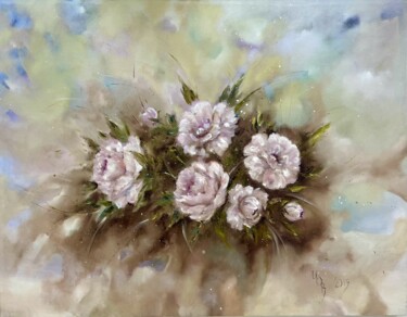 Painting titled "Pivoines" by Aksana Chmel, Original Artwork, Oil Mounted on Wood Stretcher frame