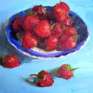 Pintura intitulada "Plate of strawberri…" por Aksenova Viktoria (Viktoria Linda), Obras de arte originais, Óleo