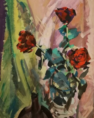 Painting titled "Burgundy roses" by Aksinia, Original Artwork, Gouache
