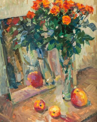 Peinture intitulée "Розы и яблоки" par Aksinia, Œuvre d'art originale, Gouache