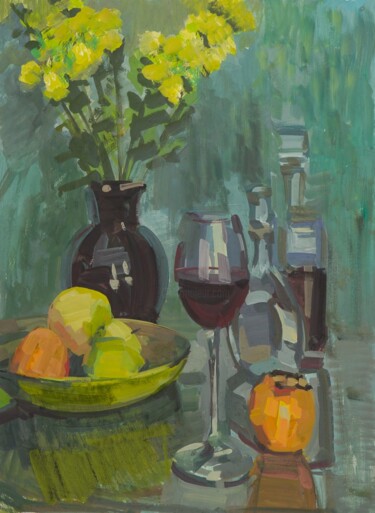 Painting titled "Бокал вина" by Aksinia, Original Artwork, Gouache