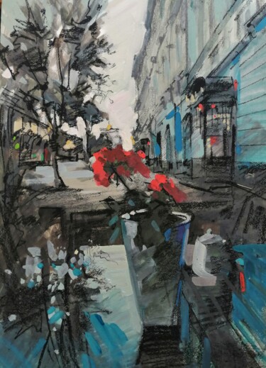 Painting titled "Голубой вечер на ул…" by Aksinia, Original Artwork, Gouache