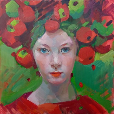 Painting titled "Apple girl" by Aksinia, Original Artwork, Oil Mounted on Wood Stretcher frame