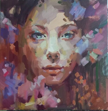 Painting titled "Portrait of a girl…" by Aksinia, Original Artwork, Oil Mounted on Wood Stretcher frame