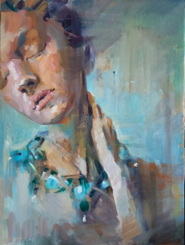 Painting titled "Girl in a turquoise…" by Aksinia, Original Artwork, Oil Mounted on Wood Stretcher frame