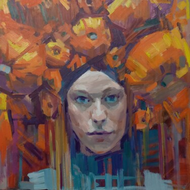 Painting titled "Crop. Portrait of a…" by Aksinia, Original Artwork, Oil Mounted on Wood Stretcher frame