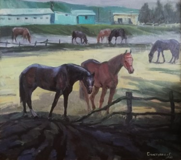 Картина под названием "Лошади в поле. Темн…" - Ольга Севастьянова, Подлинное произведение искусства, Масло