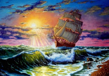 Картина под названием "Берег моря на закате" - Александр Белянов, Подлинное произведение искусства, Масло