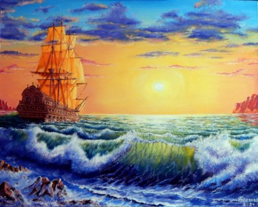 Картина под названием "Восход над морем" - Александр Белянов, Подлинное произведение искусства, Масло