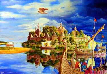 Painting titled "Усть-Шексна 1071 год" by Aleksandr Belianov, Original Artwork, Oil