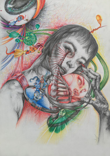 Drawing titled "Eisoptrophobia" by Alaa Misto, Original Artwork, Pencil