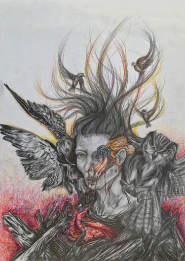 Dessin intitulée "Urge To Fly" par Alaa Misto, Œuvre d'art originale, Crayon