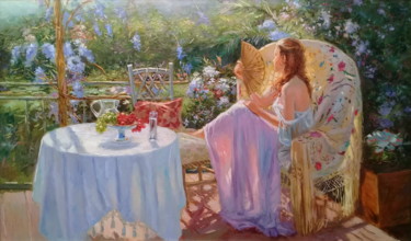 Peinture intitulée "Дама с веером" par Sergei Aladyshev, Œuvre d'art originale, Huile