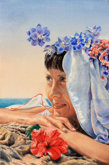 Painting titled "Woman with blue ros…" by Alain Amar, Original Artwork, Oil