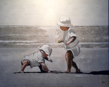 Malerei mit dem Titel "Enfants sur la plage" von Alain Antoine, Original-Kunstwerk