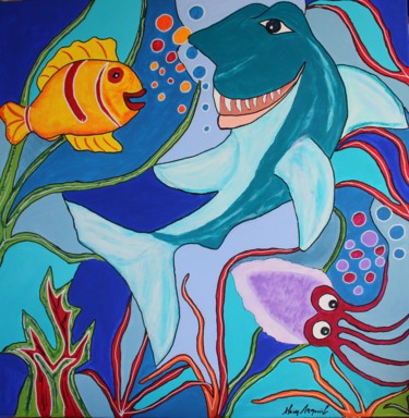 Painting titled "BEBE REQUIN SE MARRE" by Alain Arnouil, Original Artwork, Acrylic Mounted on Wood Stretcher frame