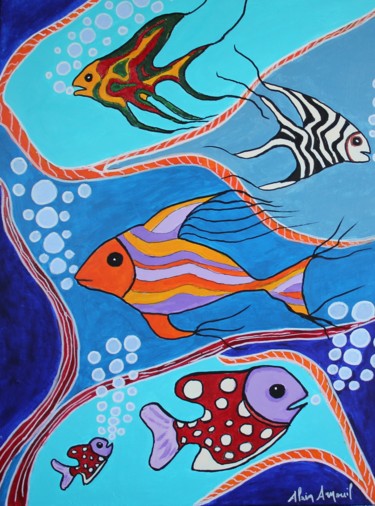 Painting titled "DROLE D'AQUARIUM" by Alain Arnouil, Original Artwork, Acrylic Mounted on Wood Stretcher frame