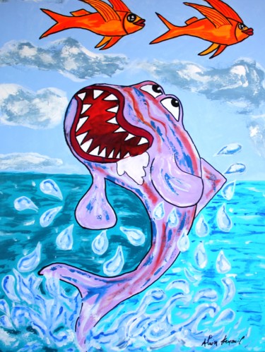 Painting titled "POISSONS VOLENT....…" by Alain Arnouil, Original Artwork, Acrylic Mounted on Wood Stretcher frame