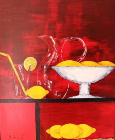 Painting titled "LES TROIS CITRONS" by Alain Arnouil, Original Artwork, Acrylic Mounted on Wood Stretcher frame
