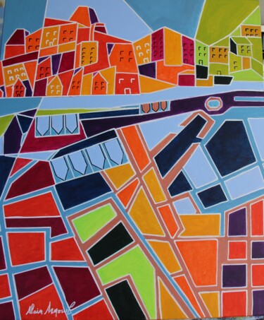 Painting titled "IN THE CITY" by Alain Arnouil, Original Artwork, Acrylic Mounted on Wood Stretcher frame