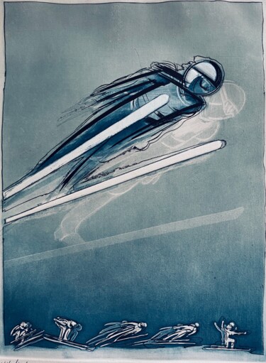 Gravures & estampes intitulée "Saut à ski" par Alain Bar, Œuvre d'art originale, Gravure