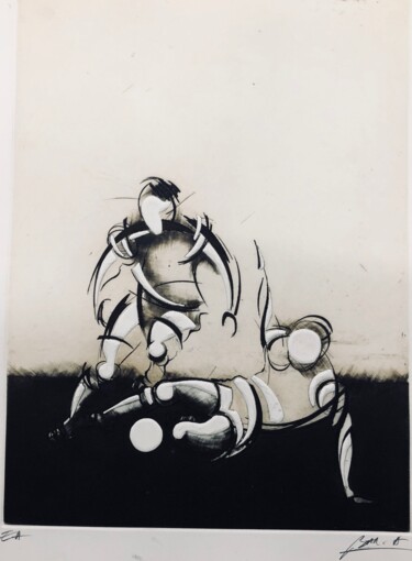 Printmaking titled "Le drible" by Alain Bar, Original Artwork, Engraving