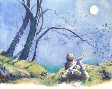 Painting titled "Pleine lune   #Arti…" by Alain Barat, Original Artwork, Watercolor