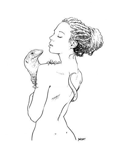 Drawing titled "Femme au lézard" by Alain Barat, Original Artwork, Ink