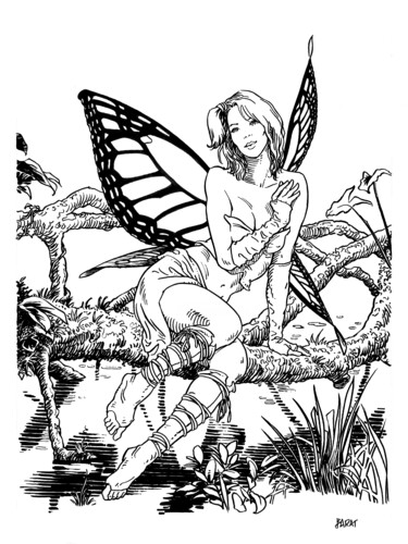 Dessin intitulée "Femme Papillon" par Alain Barat, Œuvre d'art originale, Encre